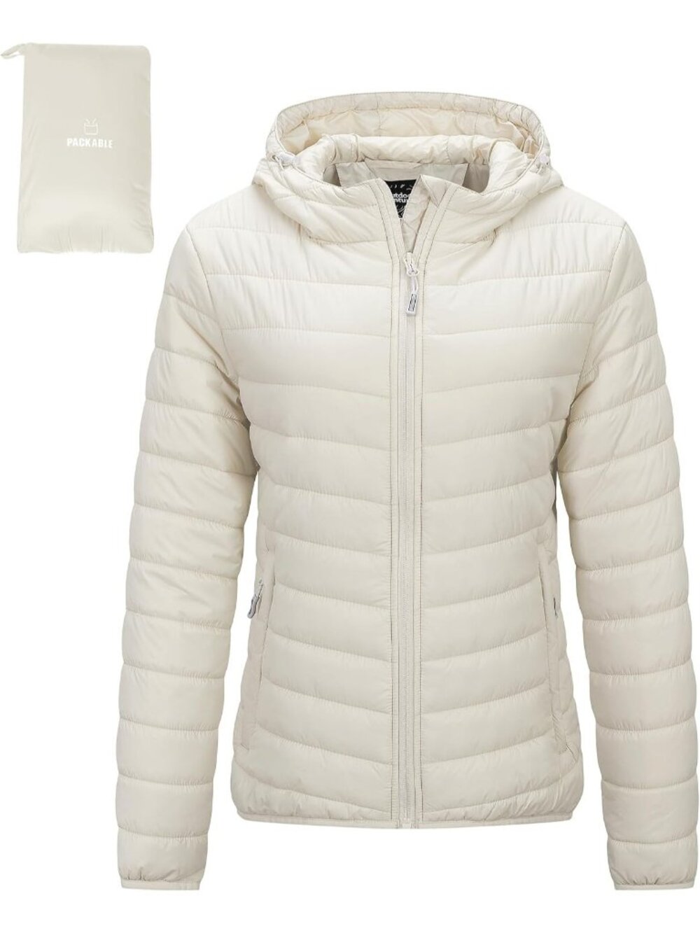 Women's Beige Puffer Jackets Packable Hooded Full-Zip Quilted Winter Coats